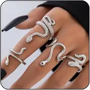 [Sora Tuki] Black Snake Ring Adjustable Gold Snake Rings for Women Silver Snake Ring Set Goth Rings Gold Snake Jewelry for Women Snake Accessories Animal Reptile Serpent Punk Rings
