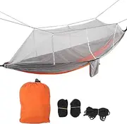 Single/Double Camping Hammock with Mosquito Net, Portable Lightweight Hammock with Tree Straps, Ideal for Hiking, Backpacking, and Outdoor Relaxation (Orange Grey Grey mesh)