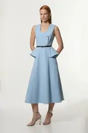 Petite Compact Stretch Belted Peplum Detail Full Skirted Midi Dress