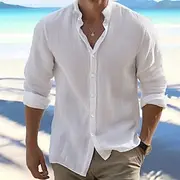 Men's Shirt Summer Shirt Beach Wear Button Up Shirt Black White Pink Red Long Sleeve Plain Band Collar Spring Summer Casual Daily Clothing Apparel 100% Cotton