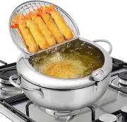 Deep Fryer Pot, Japanese Tempura Deep Fryer Stainless Steel Frying Pot with Ther