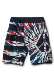 Volcom Boy's 29/18 Peace Sign Stone Mod Tech Board Shorts Red Blue White Tie Dye