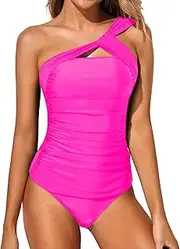 [Tempt Me] Women Two Piece Scrunched One Shoulder Keyhole Fashioned Top Cheeky Low Waist Bottoms