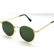 Round Sunglasses Gold Frame Green Lens Retro Style Fashion Shades 80's 90's New