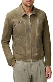 John Varvatos Brian Sheepskin Suede Zip Trucker Jacket in Fossil Grey at Nordstrom, Size 50