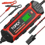 TOPEX Car Battery Charger, 12V 10A/ 6V 2A Smart Automatic Battery Charger Maintainer IP65 Rated with 10 Stage Charging LCD Display for Lead Acid, LiFePo4 Battery in Car, Truck, Motorcycle, Boat, SUV