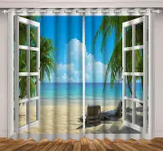 White Cloud Blue Beach Ocean 3D Blackout Curtain 2 Panels Drapes Window Curtains