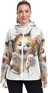 [RPLIFE] Cute Cat Drilling Wall Protective Sun Clothing for Women, Upf 50+ Zip up Long Sleeve Beach Shirt