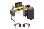 Advwin L Shaped Computer Desk 140cm Convertible with LED Lights & Power Outlets Corner Desk Walnut Walnut