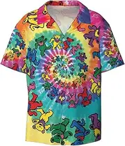 [VPPUR] Dancing Thanksgiving Bear Print Fashion Short Sleeve Button Down Cuban Collar Shirt Left Chest Convenient Pocket