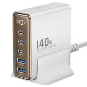 Toocki 140W GaN USB Charger, 5-in-1 Fast Charge, LED Display, for iPhone, Xiaomi Smartphone, Laptop, White