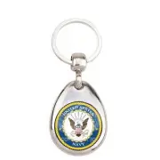Premium Teardrop Chrome Die Cast Metal Keychain Ring Fob - USN NAVY EAGLE BL/W