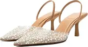 [YIYA] Women's Clear Slingback Heels with Pearl Studded Pointed Toe Kitten Mid Heels Sparkly Rhinestone Slip On Wedding Party Shoes