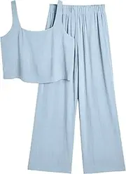 [AUTOMET] Women 2 Piece Outfits Lounge Matching Sets Linen Crop Top Wide Leg Pants Tracksuits with Pockets 2023 Fashion Clothes, Blue, Small