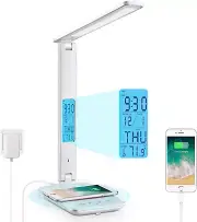 LED Desk Lamp with Clock Wireless Charger - USB Port Dimmable 3 Color ​Lighting​