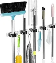 Mop and Broom Holder Wall Mount, 5 Racks 4 Hooks Broom Hanger, Broom Organizer Storage Tool Racks Stainless Steel, Self Adhesive Non-Slip Broom Hook for Home Kitchen Garden Laundry Garage