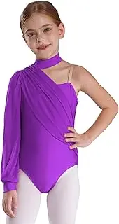 [Jugaoge] Kids Girls Ballet Jazz Dance Leotard One Shoulder Long Sleeve Performance Costume Ruched Mesh Overlay Bodysuit