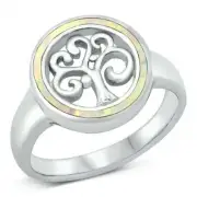 Tree of Life Ring Sterling Silver 925 White Lab Opal Face Height 14 mm Size 6