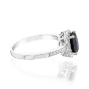 Created Sapphire 1.40 Carats Sterling Silver 4 Diamond Oval Shaped Ring, M