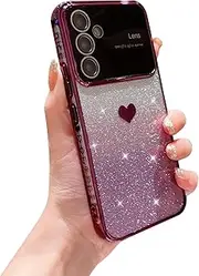 [phylla] for Samsung Galaxy S23 FE 5g Phone Case with Gradient Glitter Cute Heart Full Camera Lens Protector,Luxury Plating Slim Clear Case with Side Pattern Soft Shockproof Protective Bumper (Purple)