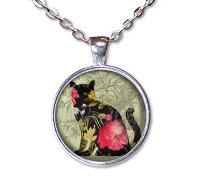Floral Print Black Silo Cat Lovers - Handmade ROUND Glass Pendant Necklace