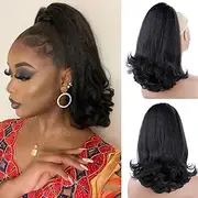 Nature Drawstring Ponytail For Women Yaki Straight Ponytail Extensions Tail Warped Pony Tail Extensions Natural Black Synthetic Bun Women's Hair Piece (Black, 16 inch)
