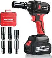 [AOBEN] 21V Cordless Impact Wrench Powerful Brushless Motor with 1/2" Square Driver, Max 300 Torque ft-lbs (400N.m), 4.0A Li-ion Battery, 6Pcs Driver Impact Sockets,Fast Charger and Tool Bag