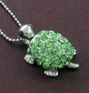 Green Crystal Stone Turtle Tortoise Animal Necklace Chain Pendant Silver Tone