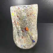 End of Day Glass Vase. Clear w/ White & Multicolor Specs. Thick 5.5" T