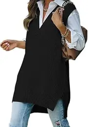 [Generic] Women's V Neck Sleeveless Oversized Sweater Vest Casual Plaid Cable Slit Preppy Pullover Knit Tunic Sweaters Tank Tops