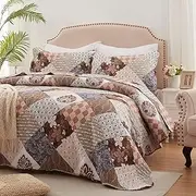 King Size Quilt Set 3 Pieces Lightweight Reversible Bedspread-98''x106'' Soft Patchwork Floral Coverlet Luxurious Warm Microfiber Bed Cover for All Seasons Brown Bedding Set(1 Quilt,2 Pillow Shams)