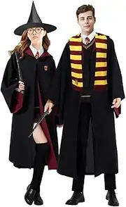AUTOWT Unisex Wizard Cloak Costume Set for Adults, 6Pc Magician Wizarding Robe Outfits with Hooded Cape Magic Hat Wand Scarf Glasses Tie Movie Dress Up Accessory for School Carnival Halloween Cosplay