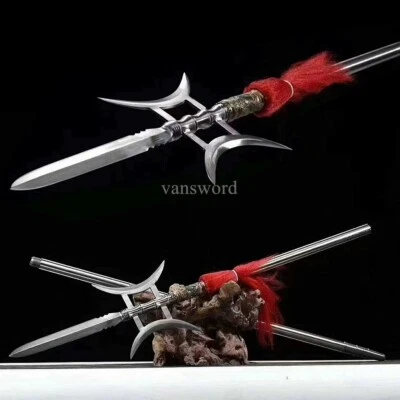 86''Chinese JI 戟 Weapon Damascus Steel Real Sword Stainless Handle Brass Sharp.