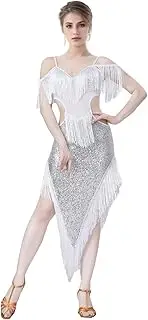 [Jormino] Sequin Fringe Latin Dance Dress, Mesh & Glitter Salsa Dresses for Women, Shimmery Party Skirts, Silver, Small