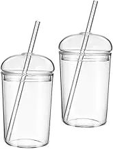 ELAYARD 2Pcs Clear Glass Cups with Lids and Straws Aesthetic Water Cups for Juice and Milk Reusable Drinkware with Spill Prevention Lightweight and Easy to Clean