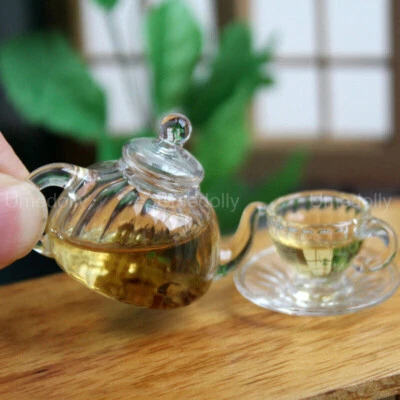 1/6 Dollhouse Miniature Glass Teapot Mini Cup with Saucer Kitchenware Accessorie