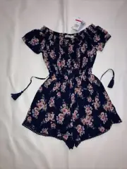 Jolt Womens Off the Shoulder Tie Front Romper Blue Floral Tropical Small S $47