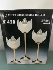 Vintage Brass Candle Holder Set 3 Tulip Frosted Glass Flower NIB WOW!