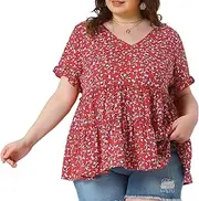 [Agnes Orinda] Plus Size Tops for Women Peasant Floral Print V Neck Ruffle Tiered Boho Pleated Babydoll Blouses