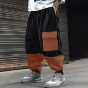 INCERUN Mens Corduroy Contrast Color Patchwork Casual Pant Comfy Casual Harem Pants Drawstring Elastic Waist Trousers fo