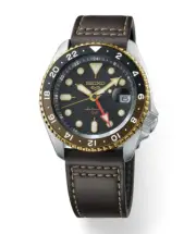 Seiko Men's 5 Sports Automatic GMT 42.5mm Black Dial Leather Strap Watch SSK036