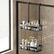 Over Shower Door Caddy, Rustproof Hanging Organizer with 2-Tier Rack and Hooks, Holds Body Wash, Shampoo, Soap, Razor, Towel, Bathroom Shower Storage Rack Basket, Black，No Drilling，Rustproof