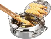 Lertenys Cooking Pot Non Electric Fryer Japanese Style Stainless Steel Tempura Fryer with Thermometer Cover and Oil Drip Holder20cm