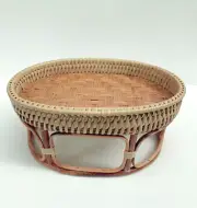 Vintage Style Thai Handicraft Khantok Rattan Table Oval Shape Fruit Food Deck