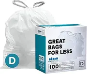 Plasticplace Custom Fit Trash Bags │ simplehuman (x) Code D Compatible (100 Count) │ White Drawstring Garbage Liners 5.3 Gallon / 20 Liter │ 15.75" x 28"