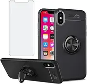 Asuwish Phone Case for iPhone Xs X 10 10s with Tempered Glass Screen Protector Cover and Ring Holder Stand Hybrid Protective Cell iPhoneX iPhoneXs iPhone10 i PhoneX SX 10x 10xs X’s Women Men Black