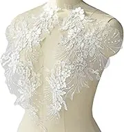 Flower Embroidery Sequin Lace Appliques Trim Floral Embroidered Sew on Patches for Wedding Bridal Dress Party Gown Bodice Craft DIY, 1 Pairs (White)