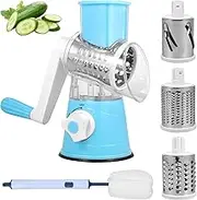 Rotary Cheese Grater Fast Cutting Rotary Vegetable Slicer Perfect 3 in 1 Manual Vegetables Slicer Cheese Shredder with Suction Base with 3 Replaceable Blades for Kitchen Salad Potato Onion Nuts