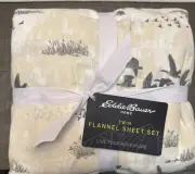 Eddie Bauer NWT Cotton Twin Flannel Sheet Set Geese Meadow Ivory & Gray