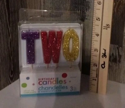 "Two" 2nd Number Birthday Glitter Letter Candles 3ct. Cake Topper Sparkle New